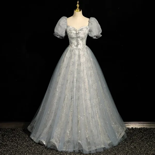 Chic / Belle Gris Perle Faux Diamant Paillettes Robe De Bal 2023 Robe Boule Encolure Carrée Gonflée Manches Courtes Dos Nu Longue Promo Robe De Ceremonie