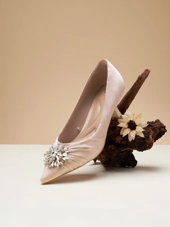 Chic Beautiful Champagne Rhinestone Prom Pumps 2024 Leather 5 Cm Stiletto Heels Pointed Toe High Heels