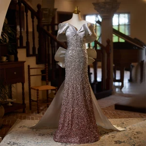 Mote Sparkly Gradient Farge Beading Paljetter Selskapskjoler 2024 Trompet Havfrue Av Skulderen Korte Ermer Ryggløse Sløyfe Lange Aften Formelle Kjoler