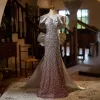 Fashion Sparkly Gradient-Color Beading Sequins Evening Dresses  2024 Trumpet / Mermaid Off-The-Shoulder Short Sleeve Backless Bow Floor-Length / Long Evening Party Formal Dresses