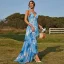 Chic / Beautiful Pool Blue Printing Beach Maxi Dresses 2022 A-Line / Princess Halter Sleeveless Backless Floor-Length / Long Women Dresses