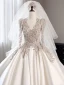 Vintage / Retro Ivory Beading Rhinestone Sequins Satin Wedding Dresses 2024 Ball Gown V-Neck Long Sleeve Backless Chapel Train Wedding