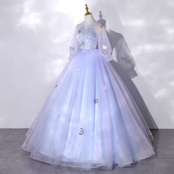 Schöne Himmelblau Spitze Blumen Schmetterling Applikationen Ballkleider 2022 Ballkleid Stehkragen Kurze Ärmel Lange Festliche Kleider