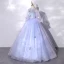 Schöne Himmelblau Spitze Blumen Schmetterling Applikationen Ballkleider 2022 Ballkleid Stehkragen Kurze Ärmel Lange Festliche Kleider