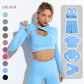 Couleur Unie Bleu Ciel Serré Ensemble De Yoga Sport Encolure Dégagée Manches Longues Moulante Leggings 2021
