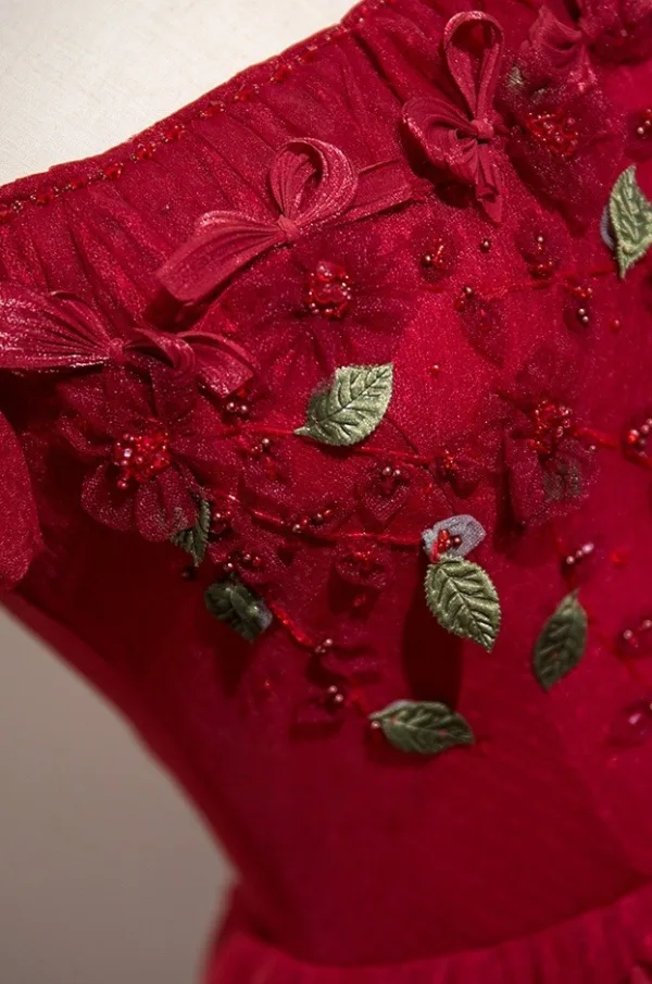 Flower Fairy Burgundy Appliques Prom Dresses 2025 Ball Gown Square Neckline Puffy Short Sleeve Backless Floor-Length / Long Formal Dresses