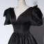 Elegant Black Satin Prom Dresses 2022 A-Line / Princess V-Neck Short Sleeve Backless Floor-Length / Long Formal Dresses