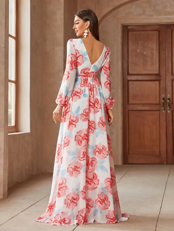 Chic / Beautiful White Printing Prom Dresses 2025 A-Line / Princess Chiffon V-Neck Long Sleeve Backless Floor-Length / Long Prom Formal Dresses