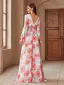 Chic / Beautiful White Printing Prom Dresses 2025 A-Line / Princess Chiffon V-Neck Long Sleeve Backless Floor-Length / Long Prom Formal Dresses