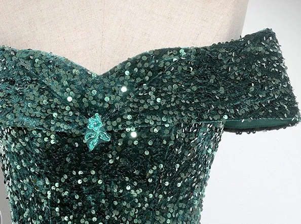Sparkly Dark Green Sequins Prom Dresses 2024 Ball Gown Off The Shoulder  Sleeveless Backless Floor Length Long Prom Formal Dresses