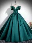 Elegant Dark Green Satin Prom Dresses 2024 Ball Gown Off-The-Shoulder Short Sleeve Backless Floor-Length / Long Prom Formal Dresses