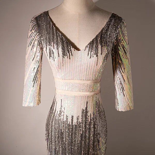 Scintillantes Sexy Champagne Paillettes Robe De Soirée 2022 Trompette / Sirène V-Cou 3/4 Manches Dos Nu Fendue devant Longue Robe De Ceremonie
