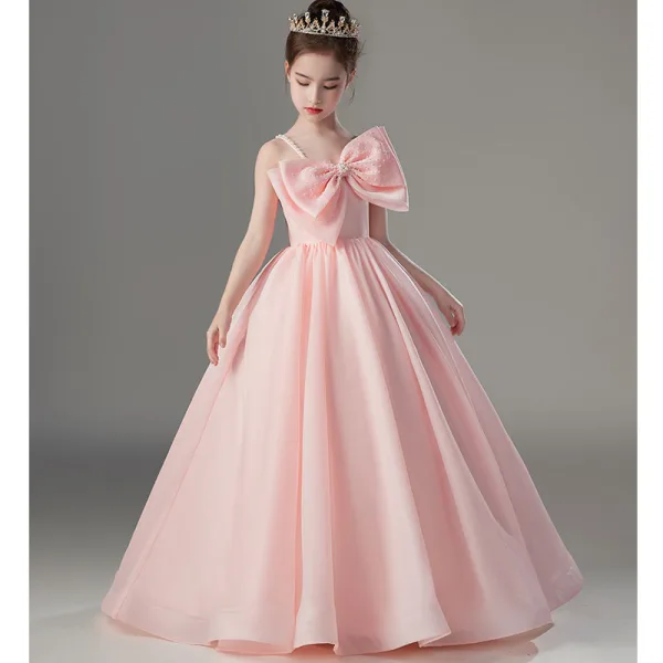 Lovely Blushing Pink Birthday Flower Girl Dresses 2022 Ball Gown Spaghetti Straps Sleeveless Backless Pearl Bow Floor-Length / Long Flower Girl Dresses