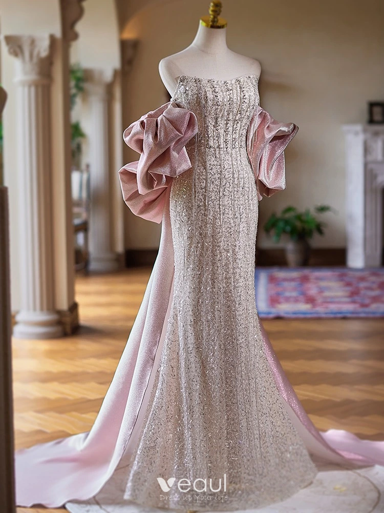Charming Blushing Pink Beading Rhinestone Prom Dresses 2024 Trumpet Mermaid Scoop Neck Short Sleeve Backless Bow Floor Length Long Prom Formal Dresses
