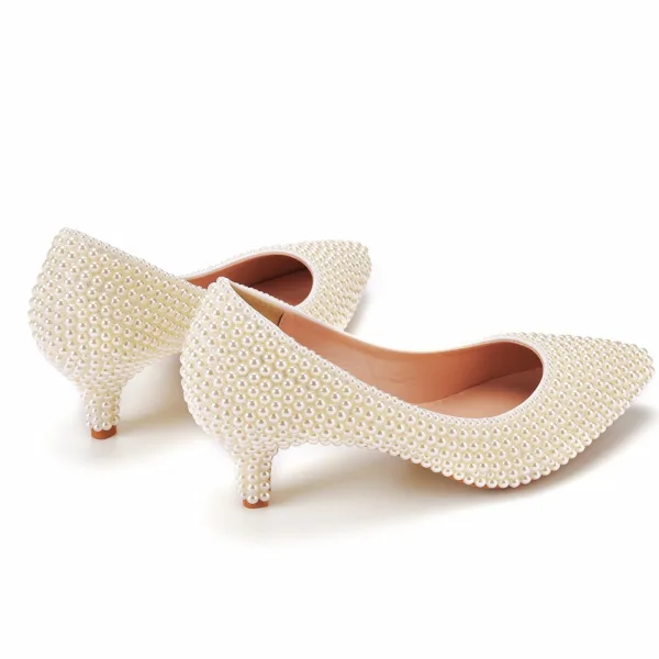 Élégant Blanche Perle Chaussure De Mariée 2022 5 cm Talons Aiguilles À Bout Pointu Mariage Escarpins Talons Hauts
