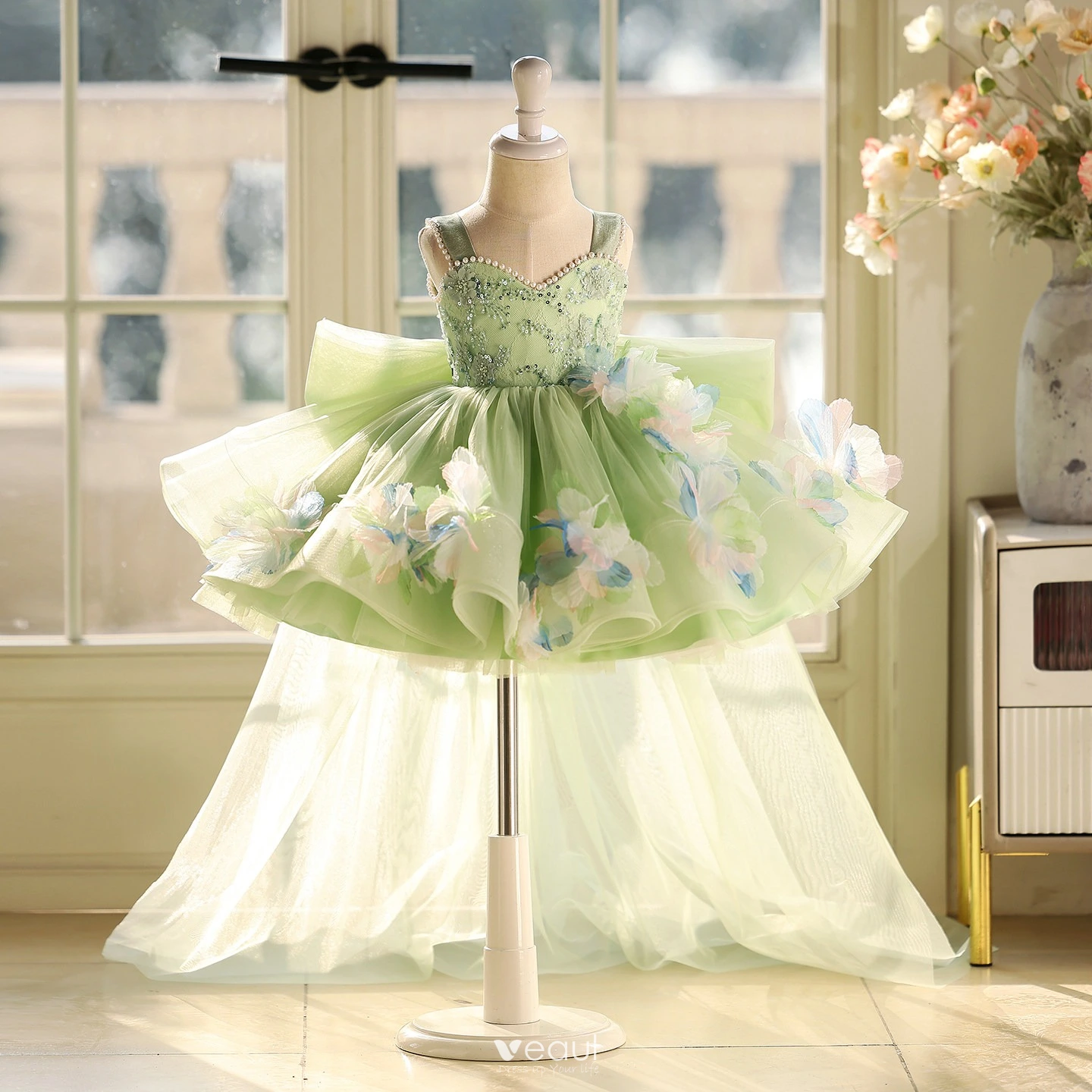 Chic Beautiful Sage Green Pearl Sequins Appliques Short Birthday Flower Girl Dresses Chic Beautiful Sage Green Pearl Sequins Appliques Short Birthday Flower Girl Dresses