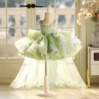 Chic Belle Vert Cendré Perle Paillettes Appliques Courte Anniversaire Robe Ceremonie Fille 2026 Robe Boule Bretelles Spaghetti Sans Manches Dos Nu Tulle