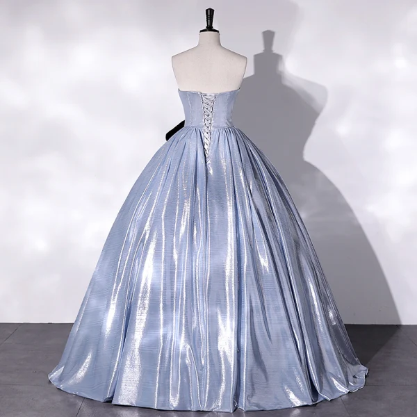 Modest / Simple Fashion Sky Blue Prom Dresses 2022 Ball Gown Strapless Sleeveless Bow Backless Floor-Length / Long Prom Formal Dresses