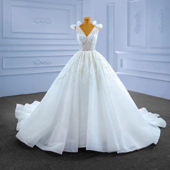 High End White Beading Sequins Wedding Dresses 2022 Ball Gown V Neck Bow Sleeveless Backless Court Train Wedding