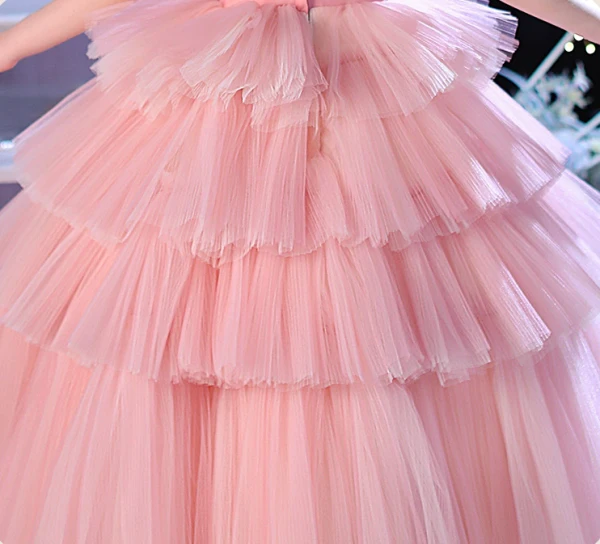 Lovely Blushing Pink Cascading Ruffles Appliques Birthday Flower Girl Dresses 2024 Ball Gown Scoop Neck Short Sleeve Floor-Length / Long