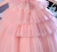 Lovely Blushing Pink Cascading Ruffles Appliques Birthday Flower Girl Dresses 2024 Ball Gown Scoop Neck Short Sleeve Floor-Length / Long