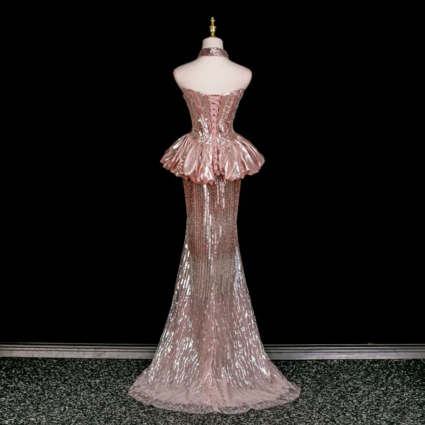 Sexy Rødmende Rosa Rhinestone Paljetter Asymmetrisk Selskapskjoler 2025 Trompet / Havfrue Kjæreste Uten Ermer Ryggløse Feie Tog Formelle Kjoler