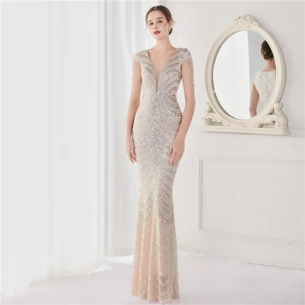 Sexy Black Beading Sequins Evening Dresses 2022 Trumpet / Mermaid V-Neck Sleeveless Floor-Length / Long Evening Party Formal Dresses