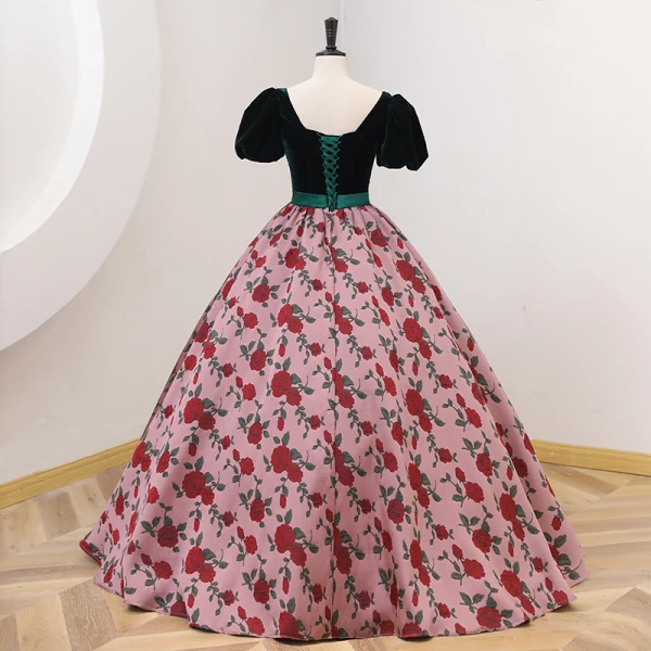 Chic / Belle Vert Foncé Impression Robe De Bal 2022 Robe Boule Encolure Carrée Manches Courtes Dos Nu Noeud Ceinture Longue Promo Robe De Ceremonie