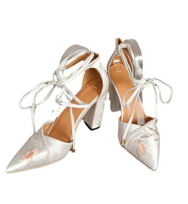 Élégant Ivoire Brodé Perle Promo Sandales Femme 2022 Bride Cheville 9 cm Talons Épais À Bout Pointu Talons Hauts