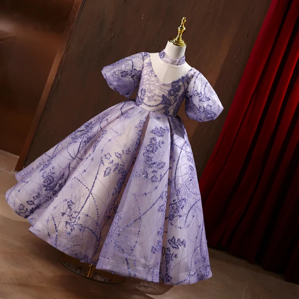 Elegant Lavender Glitter Sequins Flower Girl Dresses 2022 Ball Gown High Neck Bell sleeves Backless Prom Floor-Length / Long Flower Girl Dresses