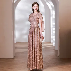 Sparkly Gold Sequins Evening Dresses 2023 A Line Princess V Neck Short Sleeve Floor Length Long Evening Party Formal Dresses