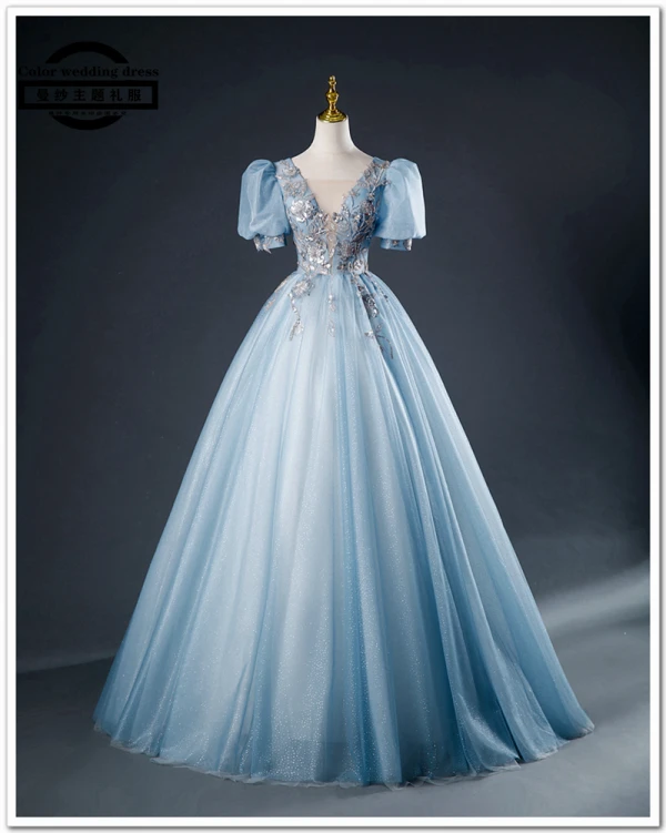 Elegant Sky Blue Beading Sequins Ball Gown Prom Dresses 2023 V-Neck Short Sleeve Backless Floor-Length / Long Prom Formal Dresses