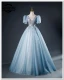 Elegant Sky Blue Beading Sequins Ball Gown Prom Dresses 2023 V-Neck Short Sleeve Backless Floor-Length / Long Prom Formal Dresses