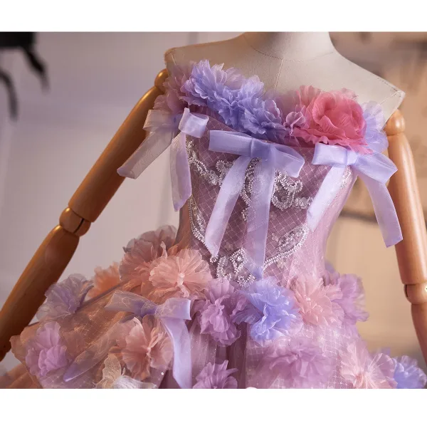 Blumenfee High End Rosa Spitze Schmetterling Applikationen Pailletten Ballkleider 2026 Ballkleid Eckiger Ausschnitt Ärmellos Rückenfreies Lange Festliche Kleider