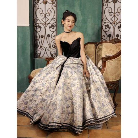 Vintage / Retro Black Printing Prom Dresses 2022 Ball Gown Strapless Sleeveless Backless Bow Sash Floor-Length / Long Formal Dresses