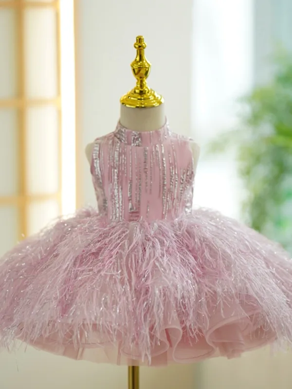 Chic / Beautiful Blushing Pink Tassel Sequins Birthday Flower Girl Dresses 2023 Ball Gown Scoop Neck Sleeveless Bow Short