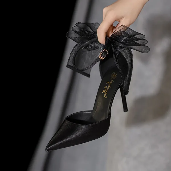 Fashion Black Evening Party Bow Womens Shoes 2022 10 cm Stiletto Heels Ankle Strap Pointed Toe Womens Shoes High Heels