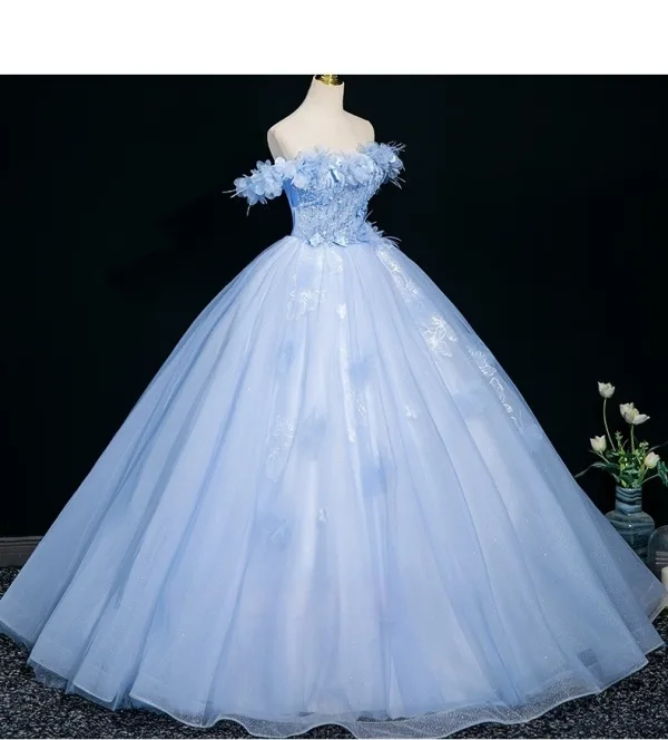 Elegant Sky Blue Beading Appliques Prom Dresses 2025 Ball Gown Off-The-Shoulder Short Sleeve Backless Floor-Length / Long Formal Dresses