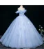 Elegant Sky Blue Beading Appliques Prom Dresses 2025 Ball Gown Off-The-Shoulder Short Sleeve Backless Floor-Length / Long Formal Dresses