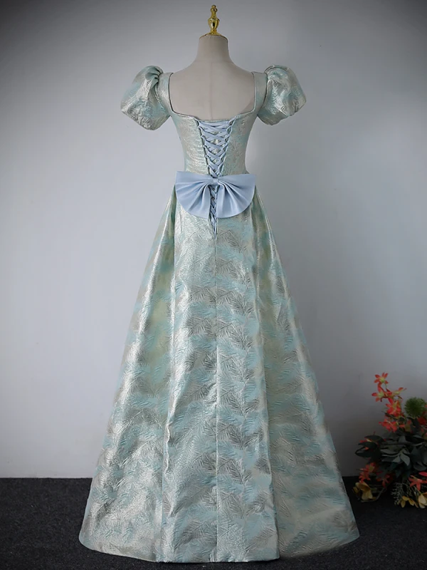 Fashion Mint Green Prom Dresses 2024 A-Line / Princess V-Neck Puffy Short Sleeve Backless Bow Floor-Length / Long Prom Formal Dresses