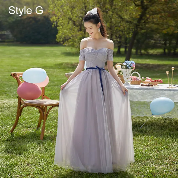 Simple Vert Cendré Robe Demoiselle D'honneur 2022 Princesse Demoiselle D'honneur De l'épaule Manches Courtes Dos Nu Noeud Ceinture Longue Robe Pour Mariage