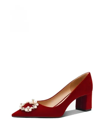 Chinese Style Red Pearl Rhinestone Wedding Shoes 2026 5 Cm Thick Heels Pointed Toe Wedding Pumps