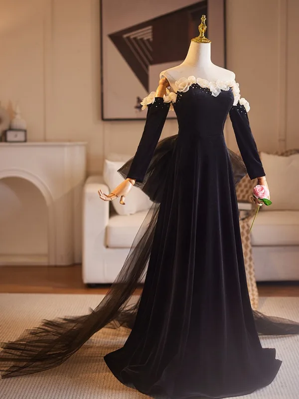 Audrey Hepburn Style Black Appliques Prom Dresses 2025 A-Line / Princess Strapless 1/2 Sleeves Backless Bow Floor-Length / Long Prom Formal Dresses