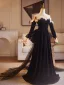 Audrey Hepburn Style Black Appliques Prom Dresses 2025 A-Line / Princess Strapless 1/2 Sleeves Backless Bow Floor-Length / Long Prom Formal Dresses