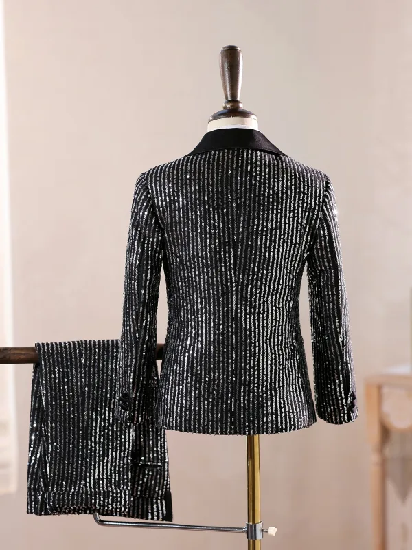 Bling Bling Noire Paillettes 4 pièces Costume Garçon Mariage 2025 Manches Longues Manteau Pantalon Chemise Cravate