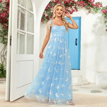Fashion Sky Blue Sequins Butterfly Prom Dresses 2025 A Line Princess Spaghetti Straps Sleeveless Backless Floor Length Long Prom Formal Dresses