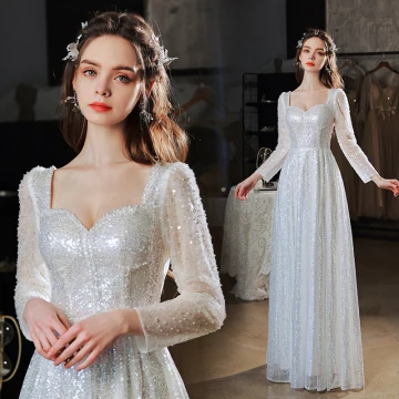 Scintillantes Argenté Paillettes Robe De Soirée 2022 Princesse Encolure Carrée Perlage Perle Manches Longues Dos Nu Longue Robe De Ceremonie