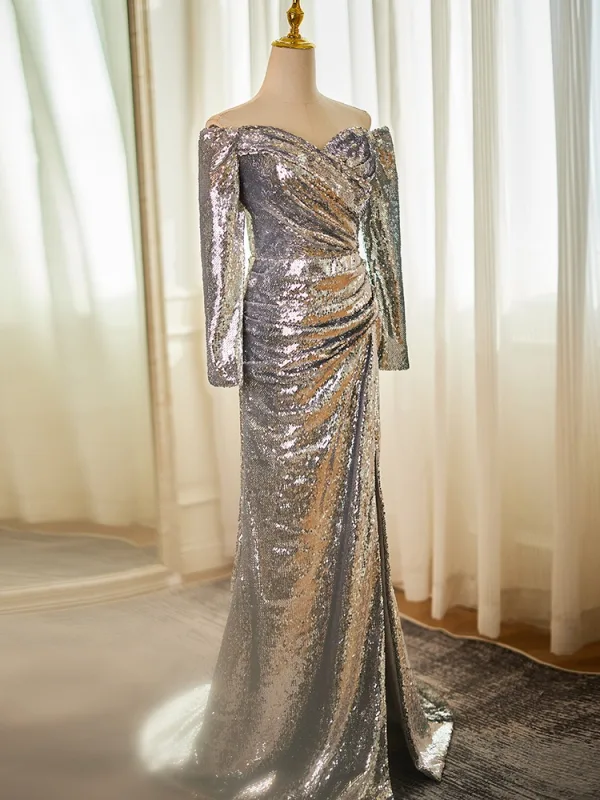 Glitzernden Silber Pailletten Gespaltete Front Ballkleider 2024 Meerjungfrau Off Shoulder Lange Ärmel Rückenfreies Sweep / Pinsel Zug Ball Festliche Kleider