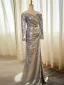 Glitzernden Silber Pailletten Gespaltete Front Ballkleider 2024 Meerjungfrau Off Shoulder Lange Ärmel Rückenfreies Sweep / Pinsel Zug Ball Festliche Kleider