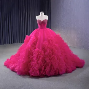 High End Fuchsia Beading Perle Paljetter Gripende Ruffles Ballkjoler 2023 Ballkjole Strapless Korsett Uten Ermer Ryggløse Chapel Train Ball Formelle Kjoler